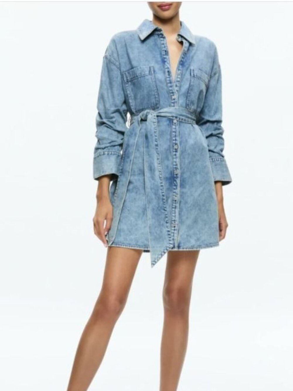 ALICE + OLIVIA Ruched Sleeve Denim Mini Shirtdress